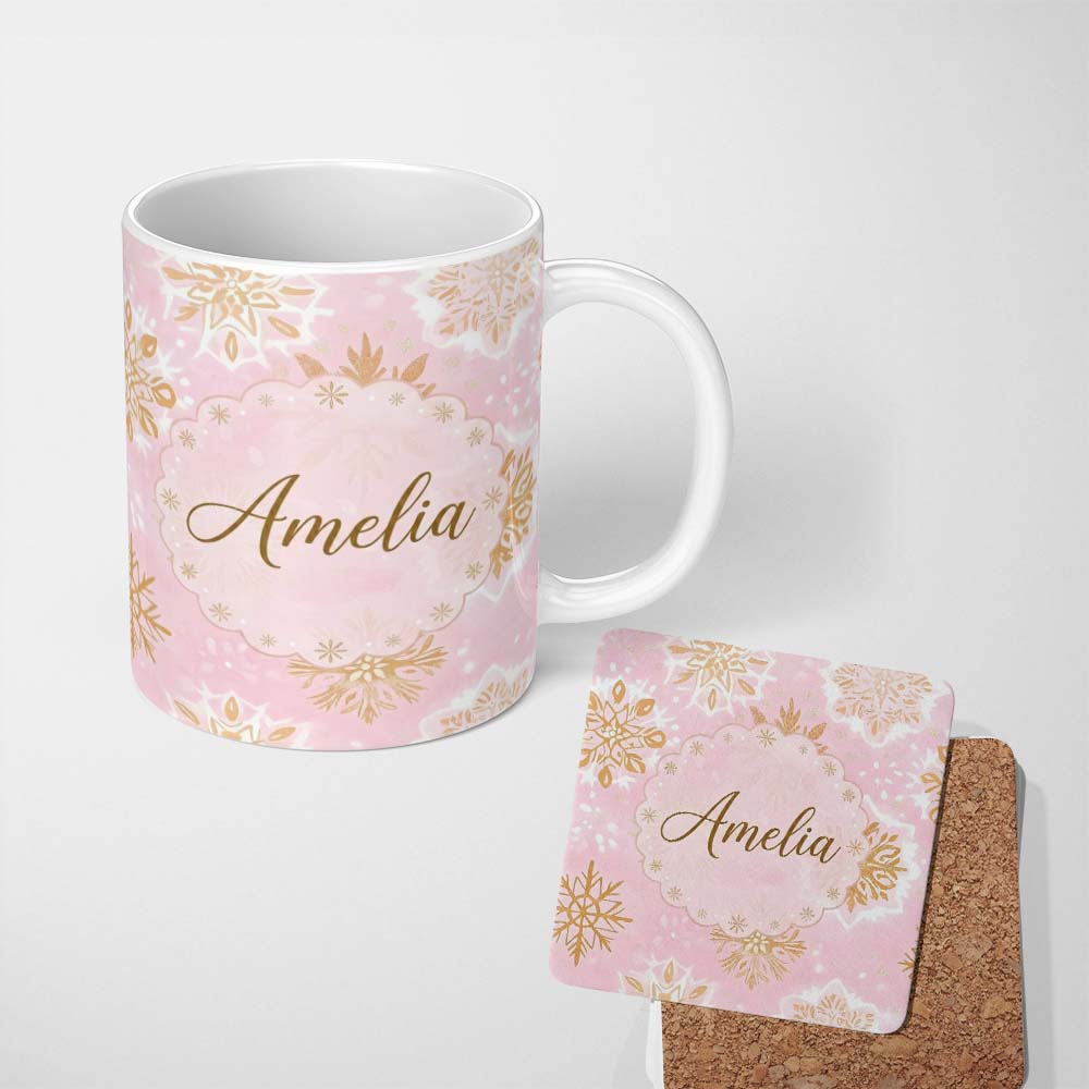 Personalized Custom Name Elegant Gold Snowflake Pink Background Seamless Pattern Lovely 11oz Ceramic Coffee Tea Mug White Large Handle