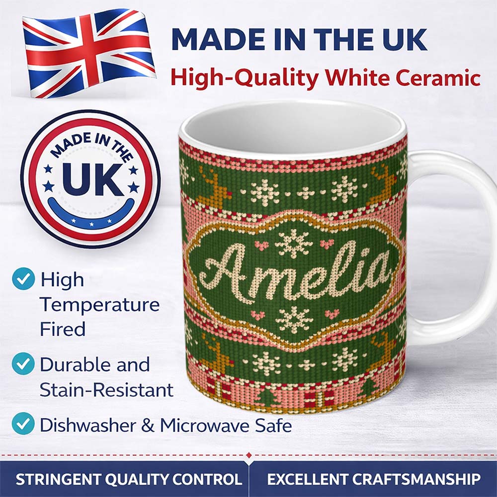 Personalized Custom Name Cute Reindeer Gift Box Nordic Knit Seamless Pattern Cute Unique Gift 11oz Ceramic Coffee Tea Mug White Large Handle