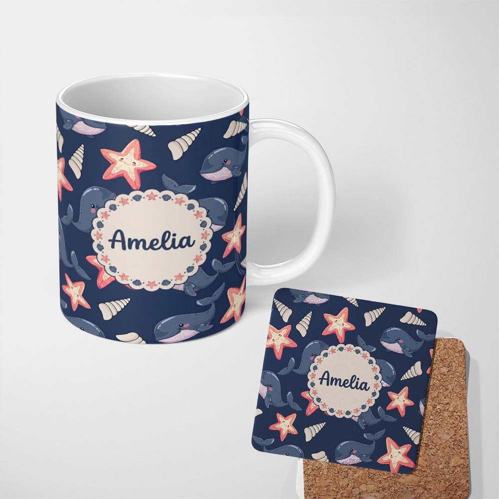 Personalized Custom Name Cute Kawaii Whale Starfish Seashell Ocean Animals Navy Background 11oz Ceramic Coffee Tea Mug White Large Handle