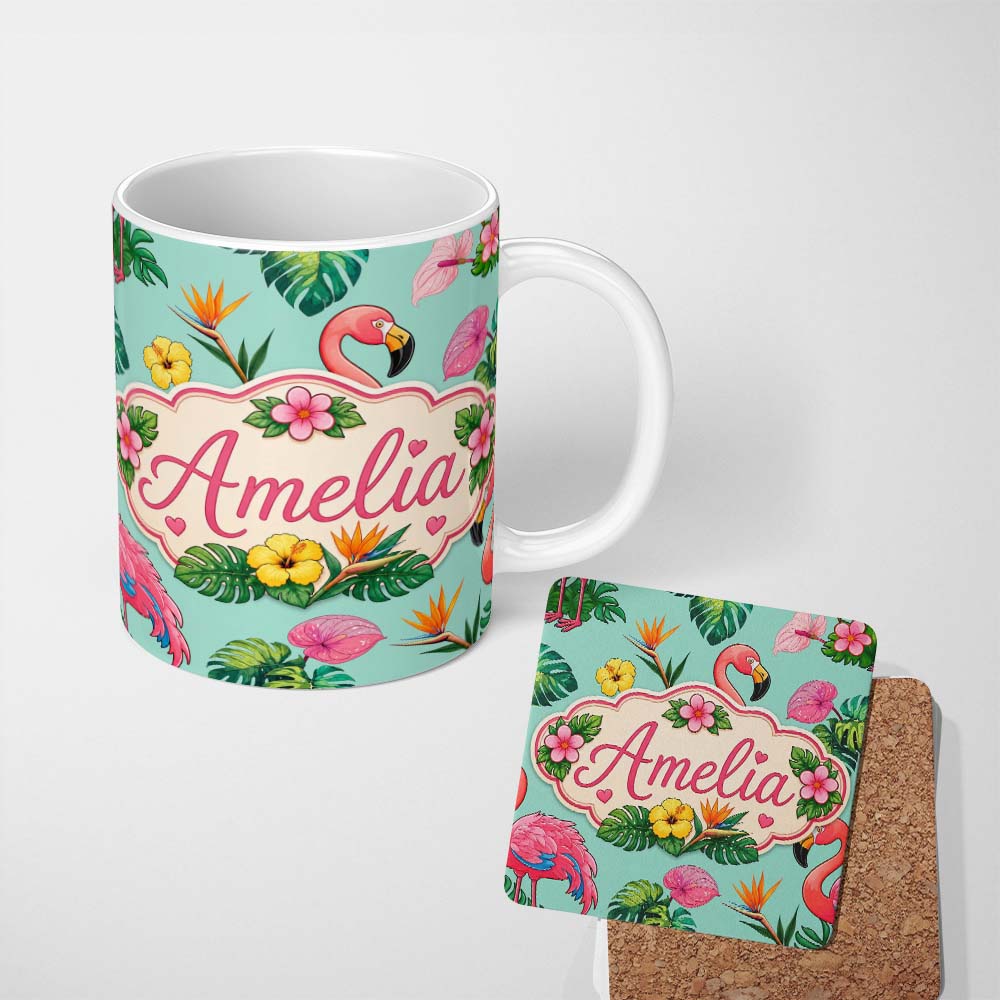 Personalized Custom Name Tropical Flamingo with Hibiscus Flowers and Leaves Mint Background 11oz Ceramic Coffee Tea Mug White Large Handle