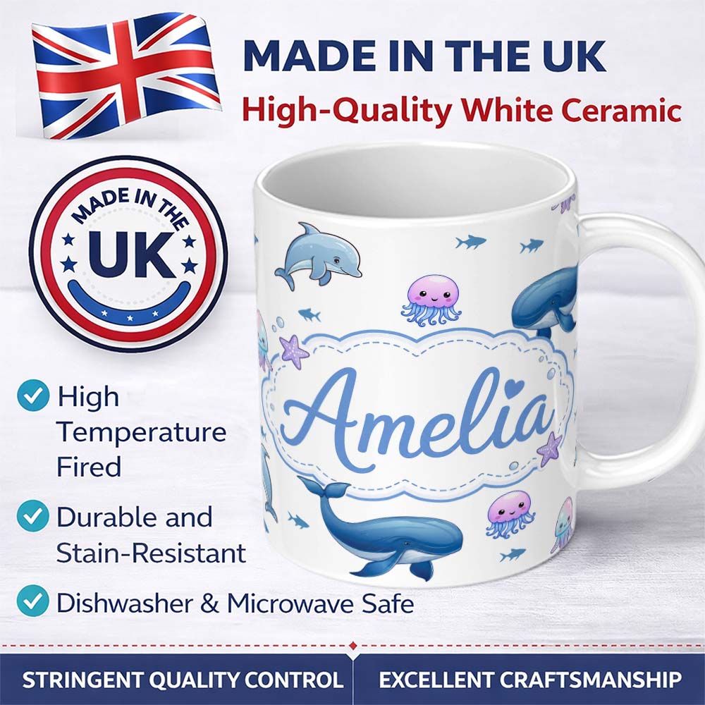 Personalized Custom Name Cute Ocean Animals Dolphin Whale Shark Jellyfish White Background 11oz Ceramic Coffee Tea Mug White Large Handle