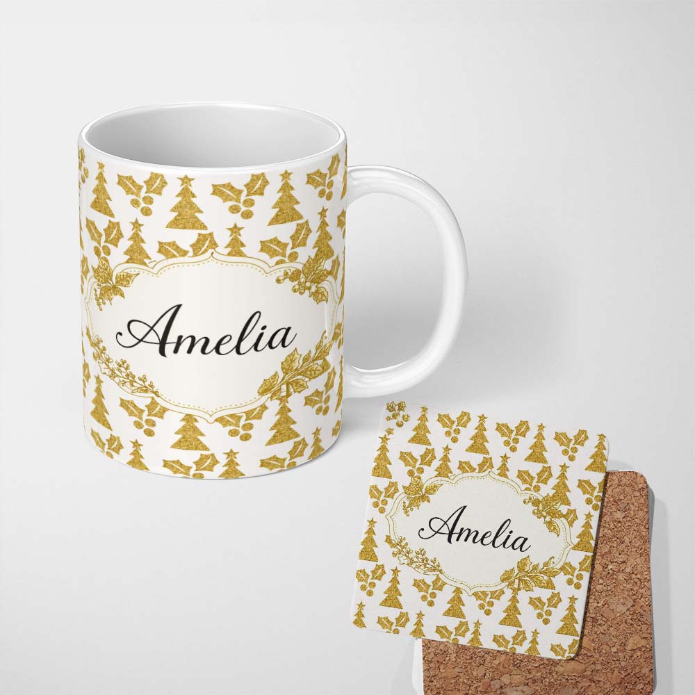 Personalized Custom Name Gold Glitter Christmas Tree Pattern Festive Design Cute Unique Gift 11oz Ceramic Coffee Tea Mug White Large Handle