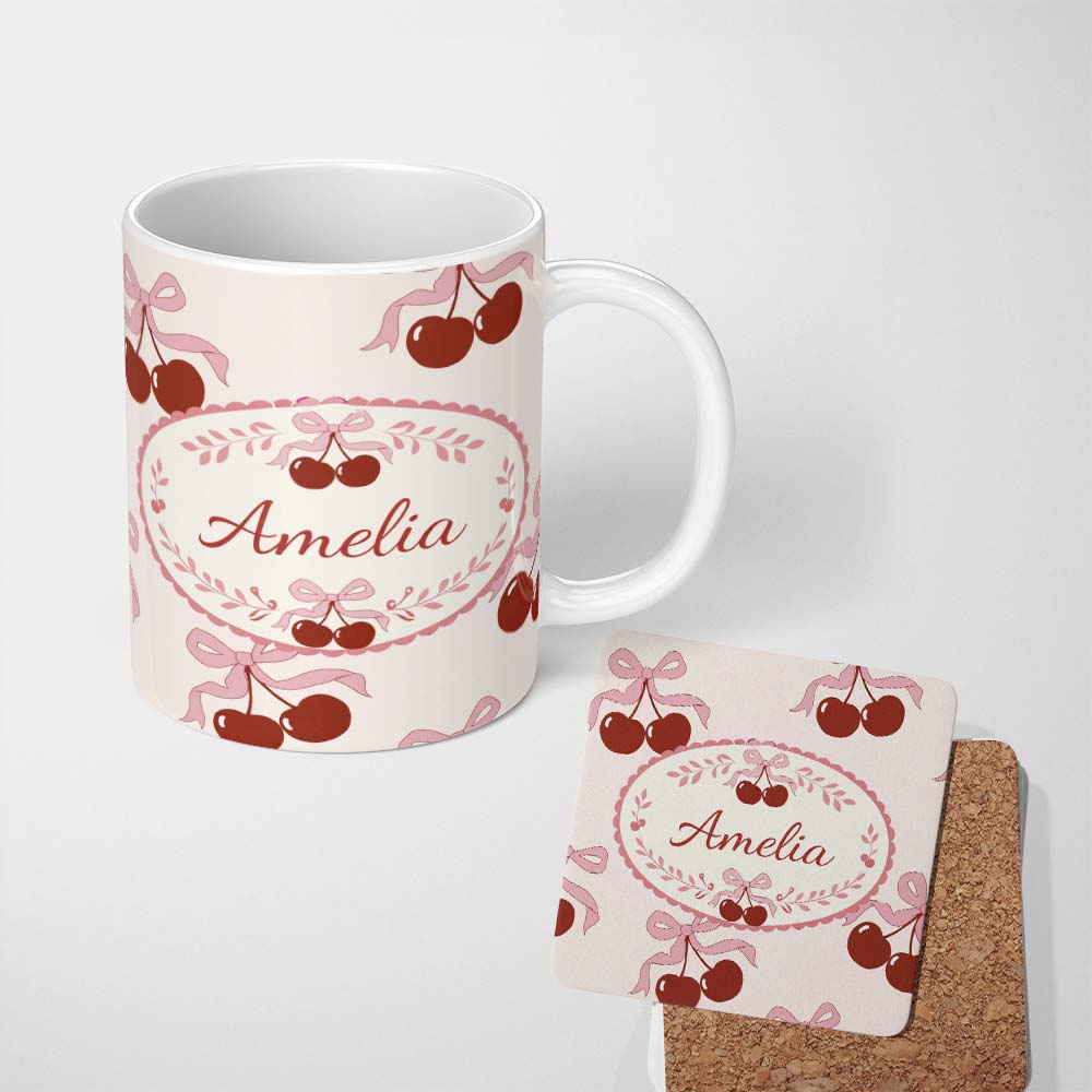 Personalized Custom Name Cherry Bow Ribbon Cute Cream Neutral Background Seamless Pattern 11oz Ceramic Coffee Tea Mug White Large Handle