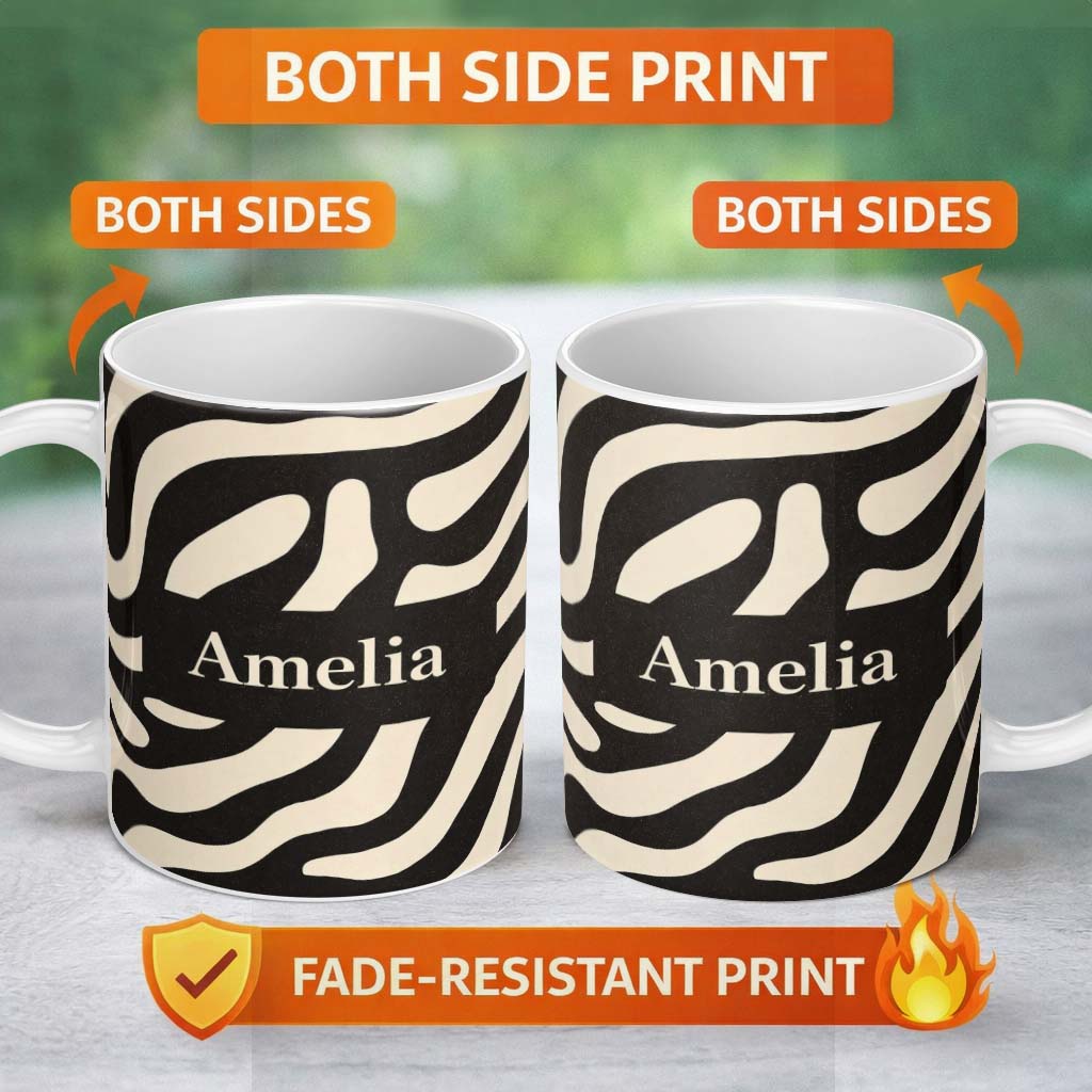 Personalized Custom Name Fluid Zebra Waves Black Cream Organic Stripe Pattern Lovely 11oz Ceramic Coffee Tea Mug White Large Handle