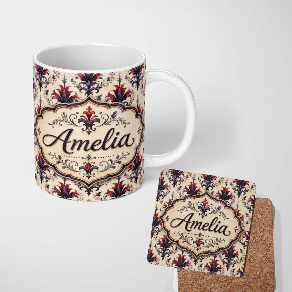 Personalized Custom Name Vintage Floral Damask Red and Purple on Cream Seamless Pattern 11oz Ceramic Coffee Tea Mug White Large Handle