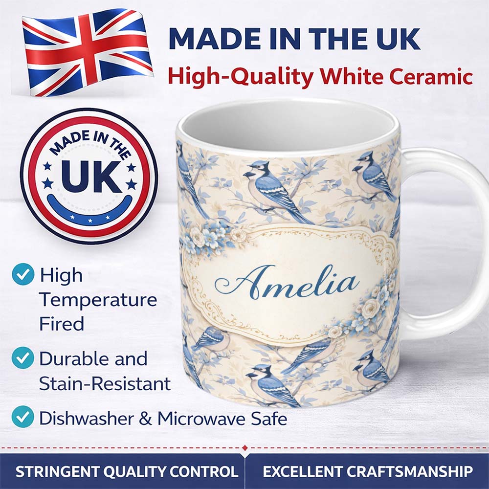 Personalized Custom Name Vintage Blue Jay Bird Floral Toile Classic Botanical Nature Design 11oz Ceramic Coffee Tea Mug White Large Handle