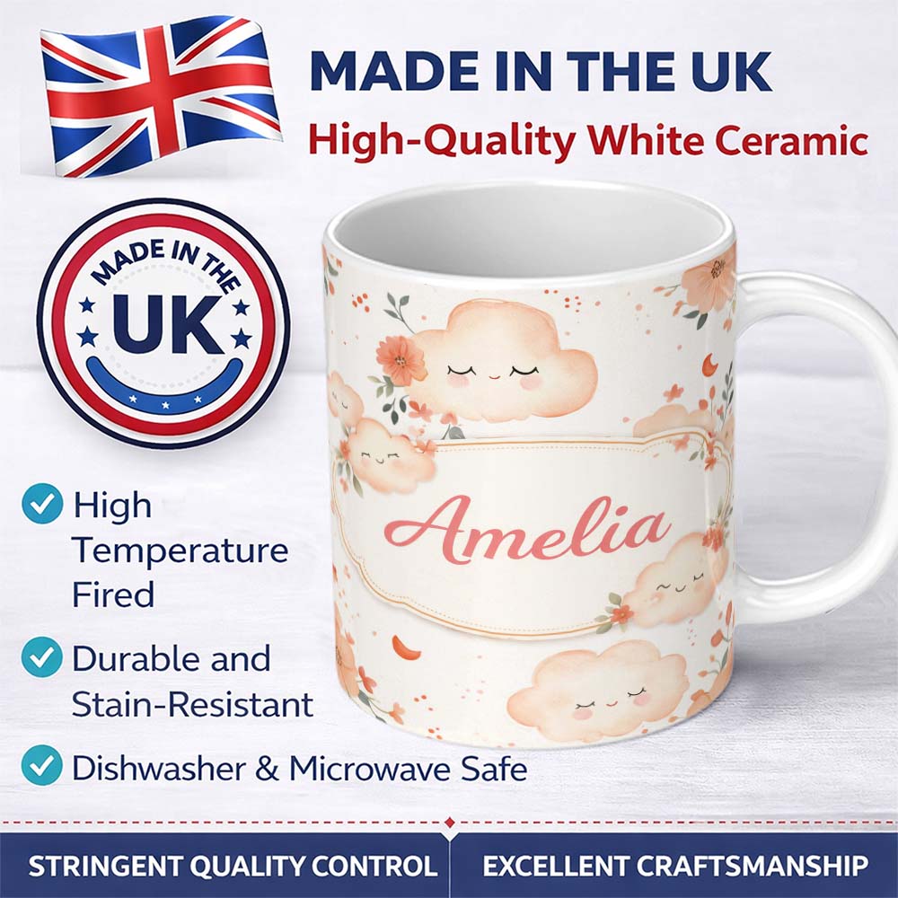 Personalized Custom Name Peach Cloud and Floral Dreamy Pattern Beautiful Coffee Cup Lovely 11oz Ceramic Coffee Tea Mug White Large Handle
