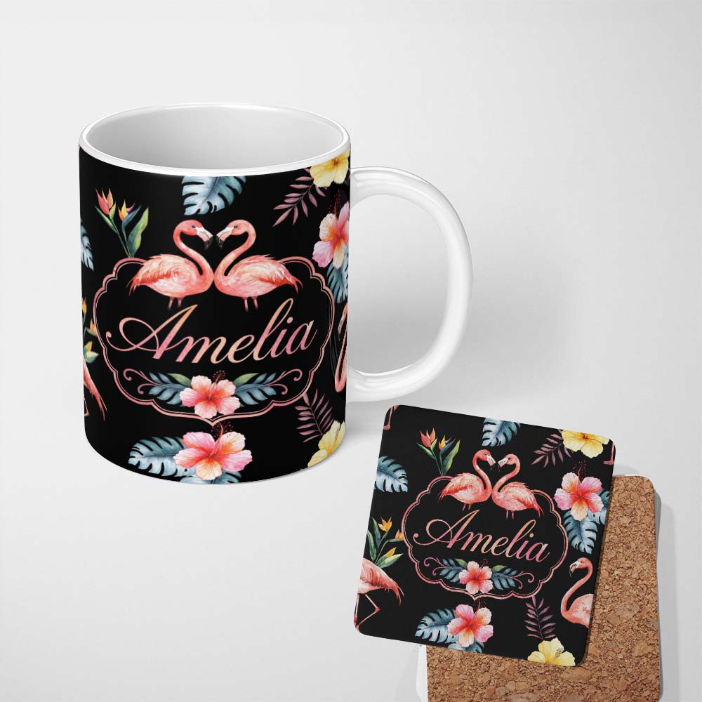 Personalized Custom Name Elegant Pink Flamingos Tropical Flowers on Black Background Seamless 11oz Ceramic Coffee Tea Mug White Large Handle