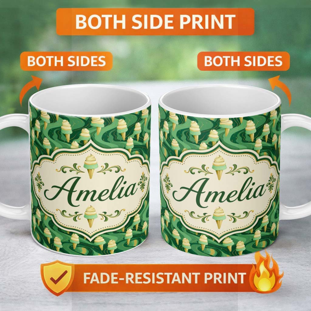 Personalized Custom Name Abstract Green Swirl Background with Vanilla Ice Cream Cones Modern 11oz Ceramic Coffee Tea Mug White Large Handle