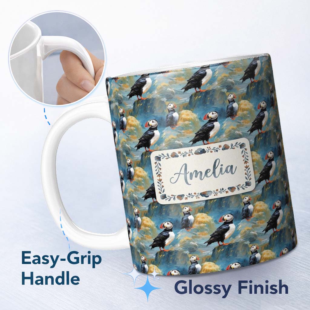 Personalized Custom Name Artistic Puffin Birds on Rocky Landscape Seamless Pattern Lovely 11oz Ceramic Coffee Tea Mug White Large Handle
