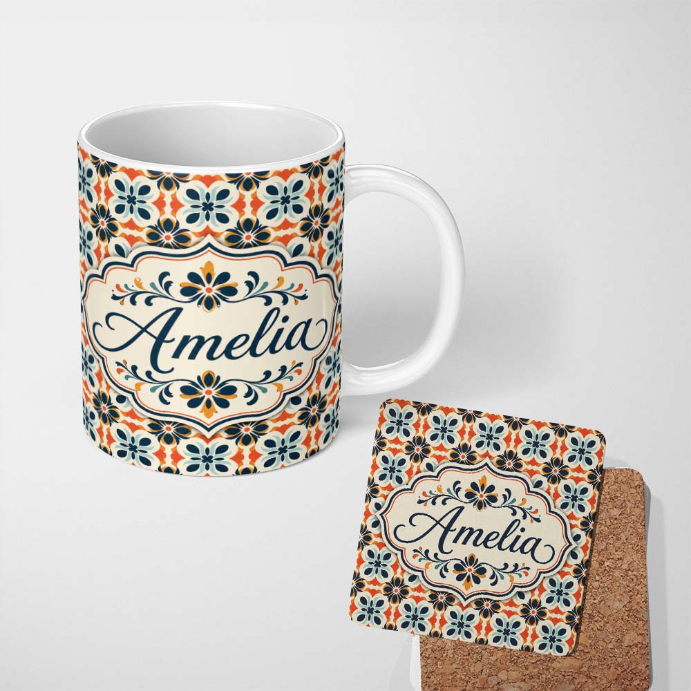 Personalized Custom Name Bold Floral Tile in Navy, Orange and Cream with Symmetrical Design 11oz Ceramic Coffee Tea Mug White Large Handle