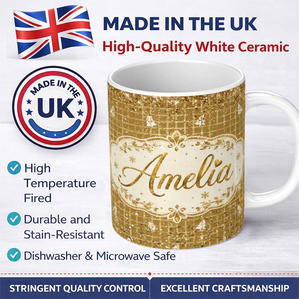 Personalized Custom Name Gold Grid Christmas Tree Glitter Seamless Pattern Design Festive 11oz Ceramic Coffee Tea Mug White Large Handle