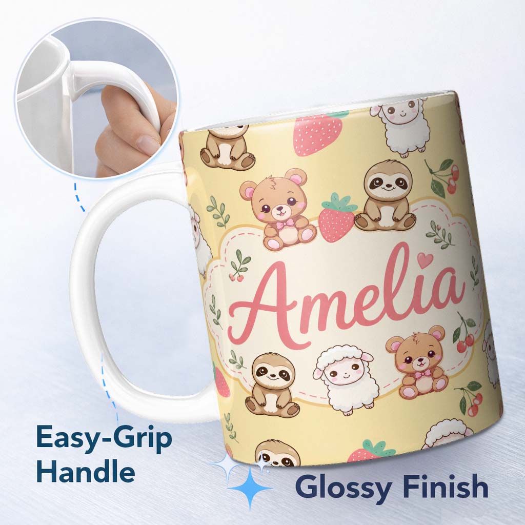 Personalized Custom Name Cute Baby Animals Bear Sheep Sloth Strawberry Cherry Yellow Lovely 11oz Ceramic Coffee Tea Mug White Large Handle