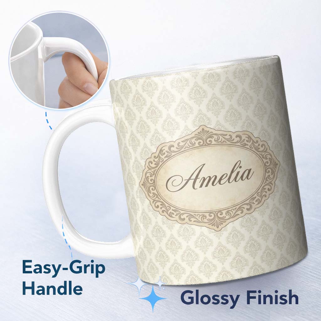 Personalized Custom Name Classic Beige Ornamental Damask Motif Seamless Pattern Lovely 11oz Ceramic Coffee Tea Mug White Large Handle