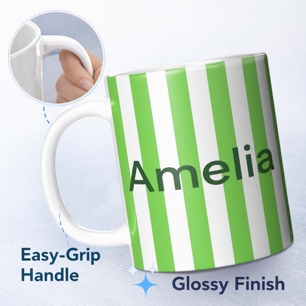 Personalized Custom Name Simple Green And White Vertical Stripe Seamless Pattern Minimal 11oz Ceramic Coffee Tea Mug White Large Handle