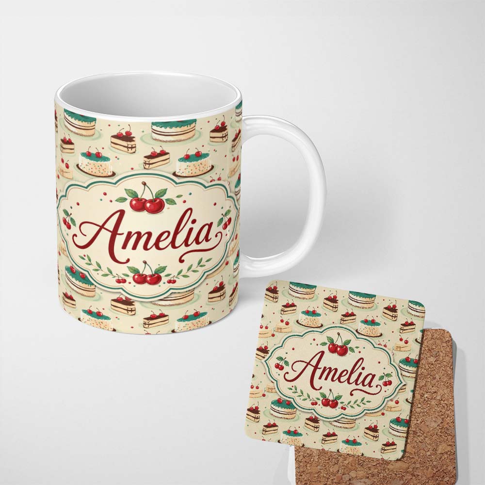 Personalized Custom Name Cherry Celebration Cake Dessert Seamless Pattern Cute Unique Gift 11oz Ceramic Coffee Tea Mug White Large Handle