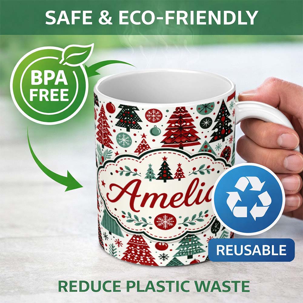 Personalized Custom Name Festive Christmas Trees Red Green Baubles Snowflakes Seamless Lovely 11oz Ceramic Coffee Tea Mug White Large Handle
