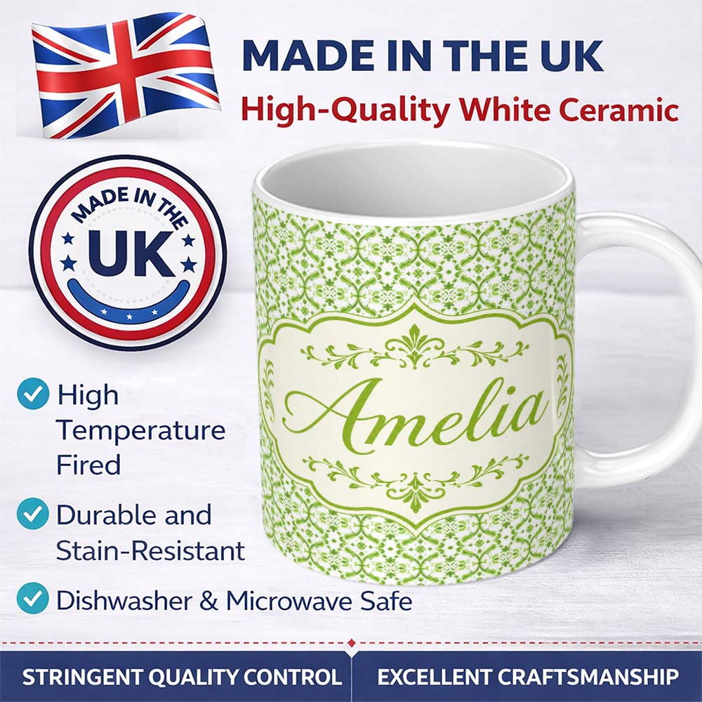 Personalized Custom Name Dark Green Abstract Oil Paint Swirl Seamless Pattern Lovely 11oz Ceramic Coffee Tea Mug White Large Handle