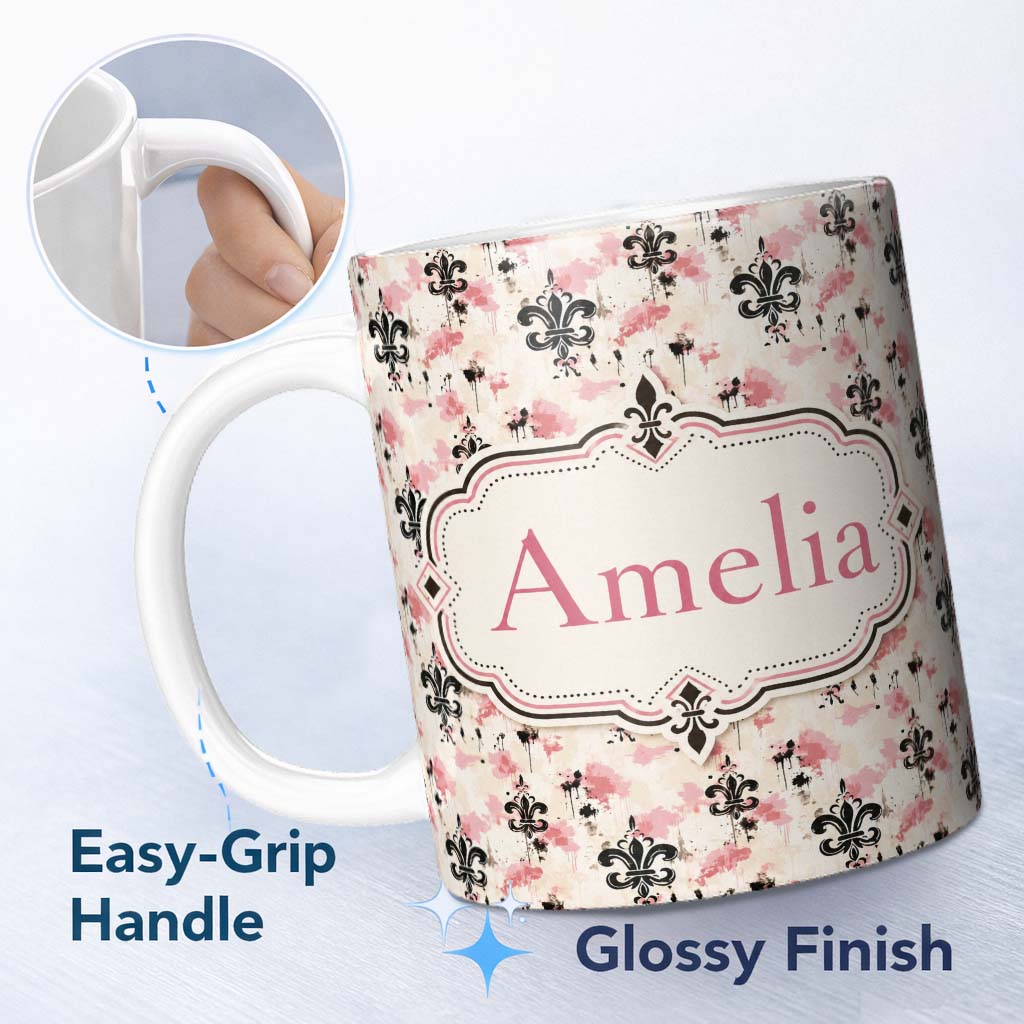 Personalized Custom Name Pink Grunge Fleur De Lis Artistic Vintage Seamless Pattern Lovely 11oz Ceramic Coffee Tea Mug White Large Handle