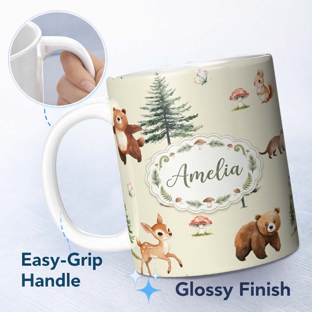 Personalized Custom Name Cute Woodland Forest Animals Bear Bunny Deer on Light Grey Lovely 11oz Ceramic Coffee Tea Mug White Large Handle