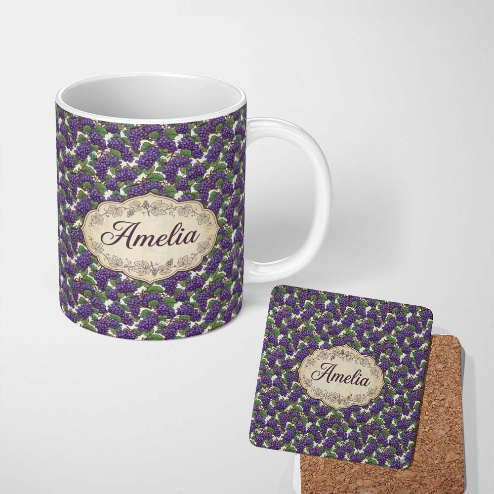 Personalized Custom Name Rich Purple Grapes with Green Leaves on Black Seamless Pattern 11oz Ceramic Coffee Tea Mug White Large Handle