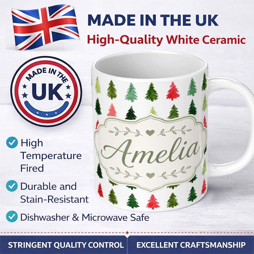Personalized Custom Name Watercolor Christmas Tree Pattern in Red and Green Festive Seamless 11oz Ceramic Coffee Tea Mug White Large Handle