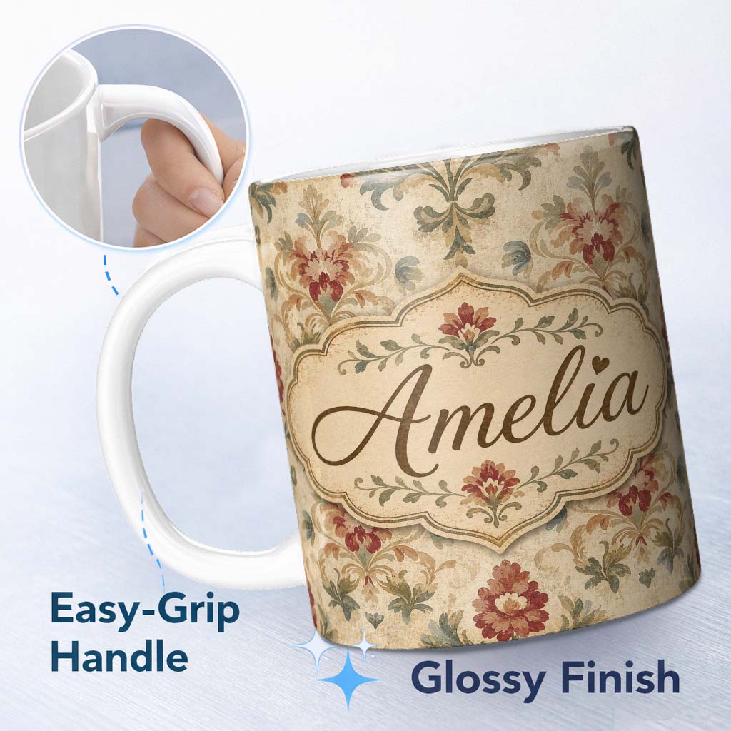 Personalized Custom Name Vintage Damask Floral Motif Soft Neutral Background Seamless Pattern 11oz Ceramic Coffee Tea Mug White Large Handle