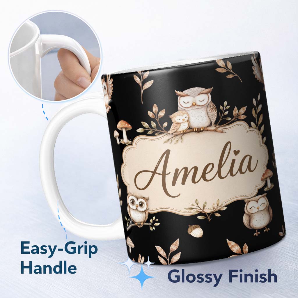 Personalized Custom Name Cute Owls Sitting on Branch Woodland Leaves Mushrooms Seamless 11oz Ceramic Coffee Tea Mug White Large Handle