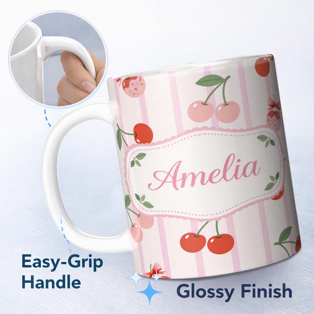 Personalized Custom Name Cherry Fruit Vertical Stripe Pink Background Seamless Pattern Lovely 11oz Ceramic Coffee Tea Mug White Large Handle