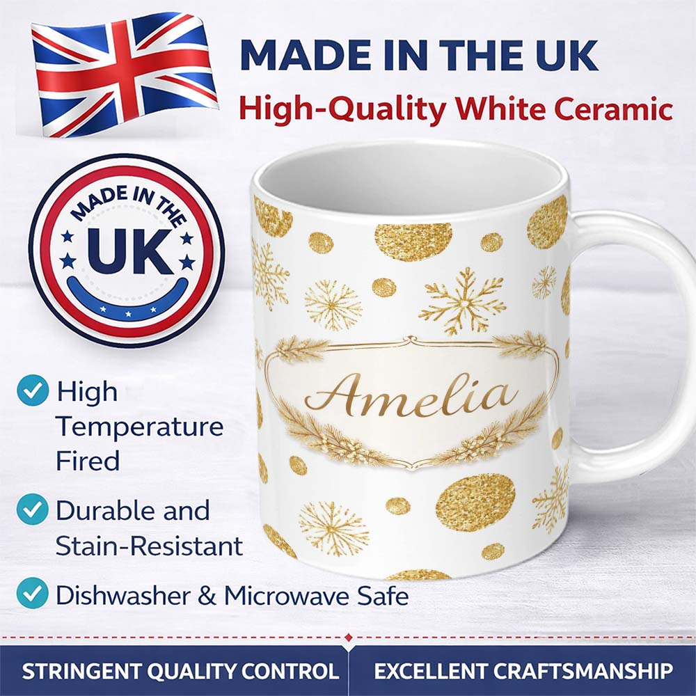 Personalized Custom Name Gold Snowflakes and Glitter Dots Seamless Pattern Cute Unique Gift 11oz Ceramic Coffee Tea Mug White Large Handle