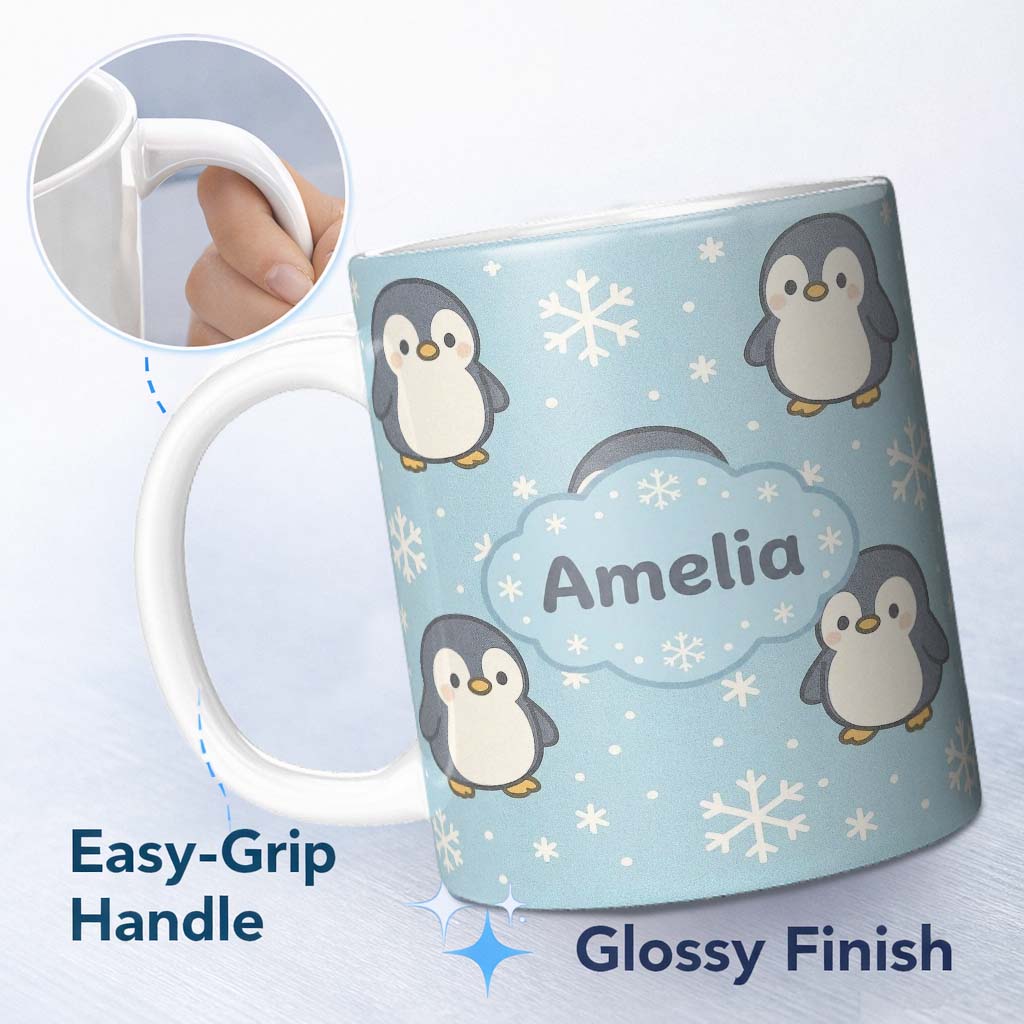 Personalized Custom Name Cute Winter Penguin Cartoon Animal Pattern Perfect Gift for Her 11oz Ceramic Coffee Tea Mug White Large Handle