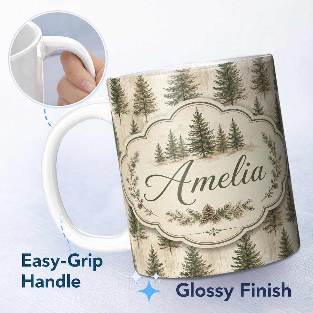 Personalized Custom Name Rustic Evergreen Trees Vintage Wood Texture Seamless Pattern Lovely 11oz Ceramic Coffee Tea Mug White Large Handle