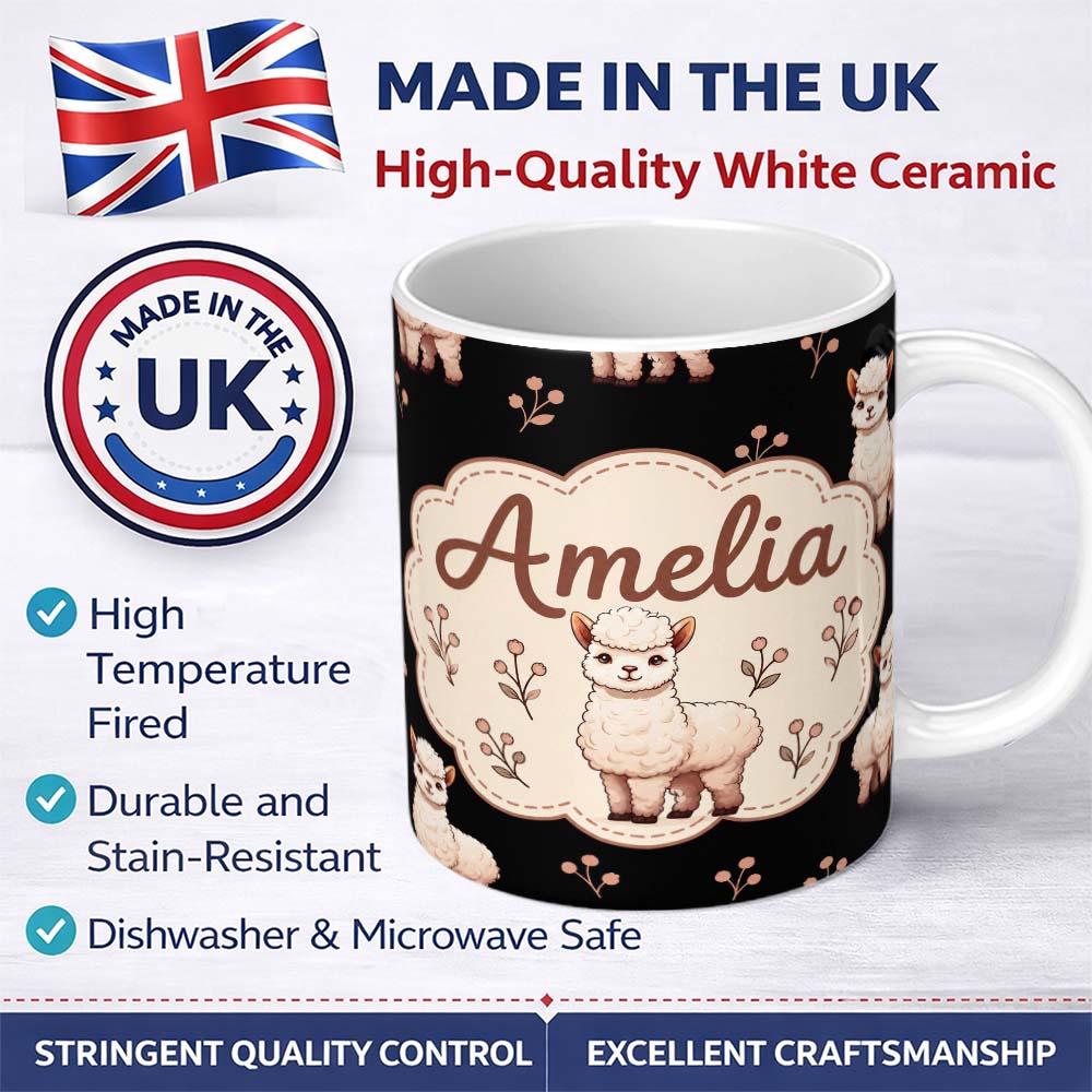 Personalized Custom Name Cute Alpaca Llama Farm Animals Floral Seamless Pattern Black Lovely 11oz Ceramic Coffee Tea Mug White Large Handle