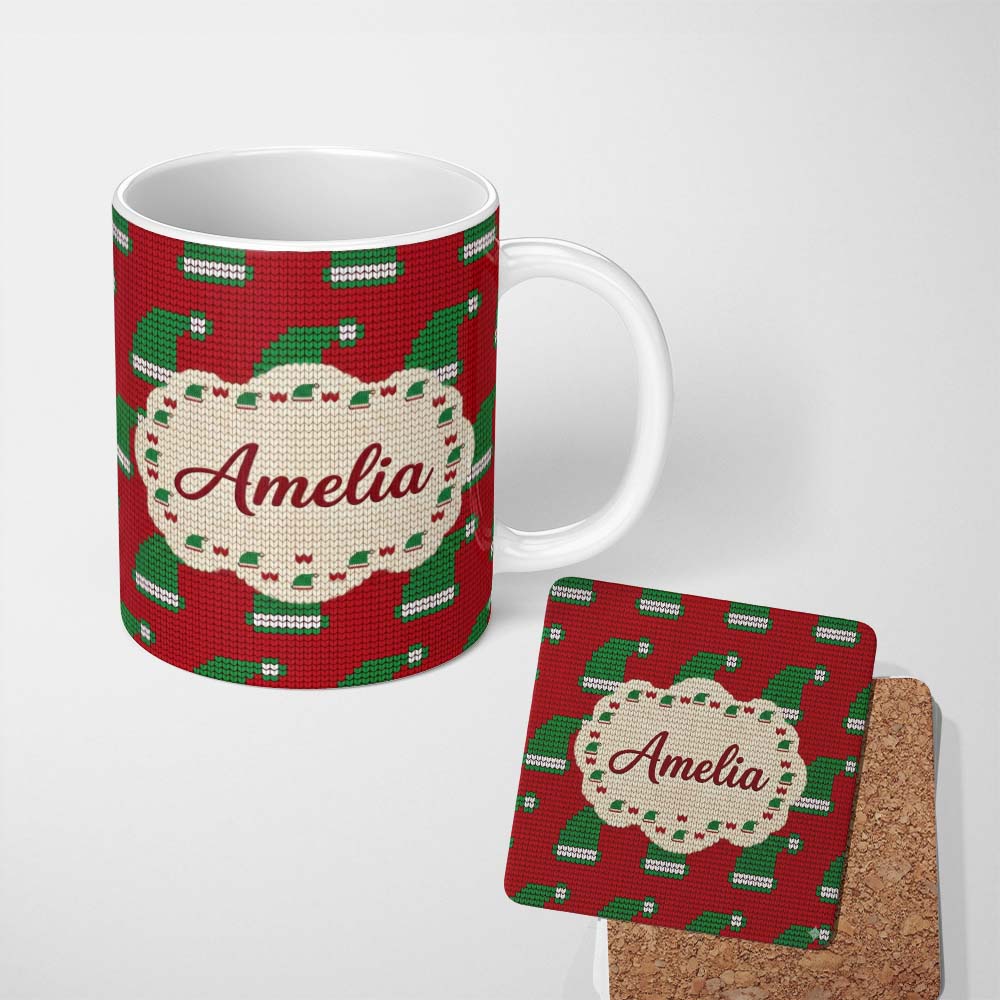 Personalized Custom Name Festive Christmas Hat Knitted Seamless Pattern Holiday Lovely 11oz Ceramic Coffee Tea Mug White Large Handle