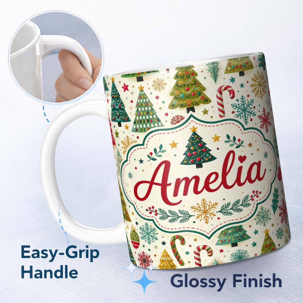 Personalized Custom Name Vintage Style Christmas Trees Snowflakes Candy Cane Seamless Pattern 11oz Ceramic Coffee Tea Mug White Large Handle