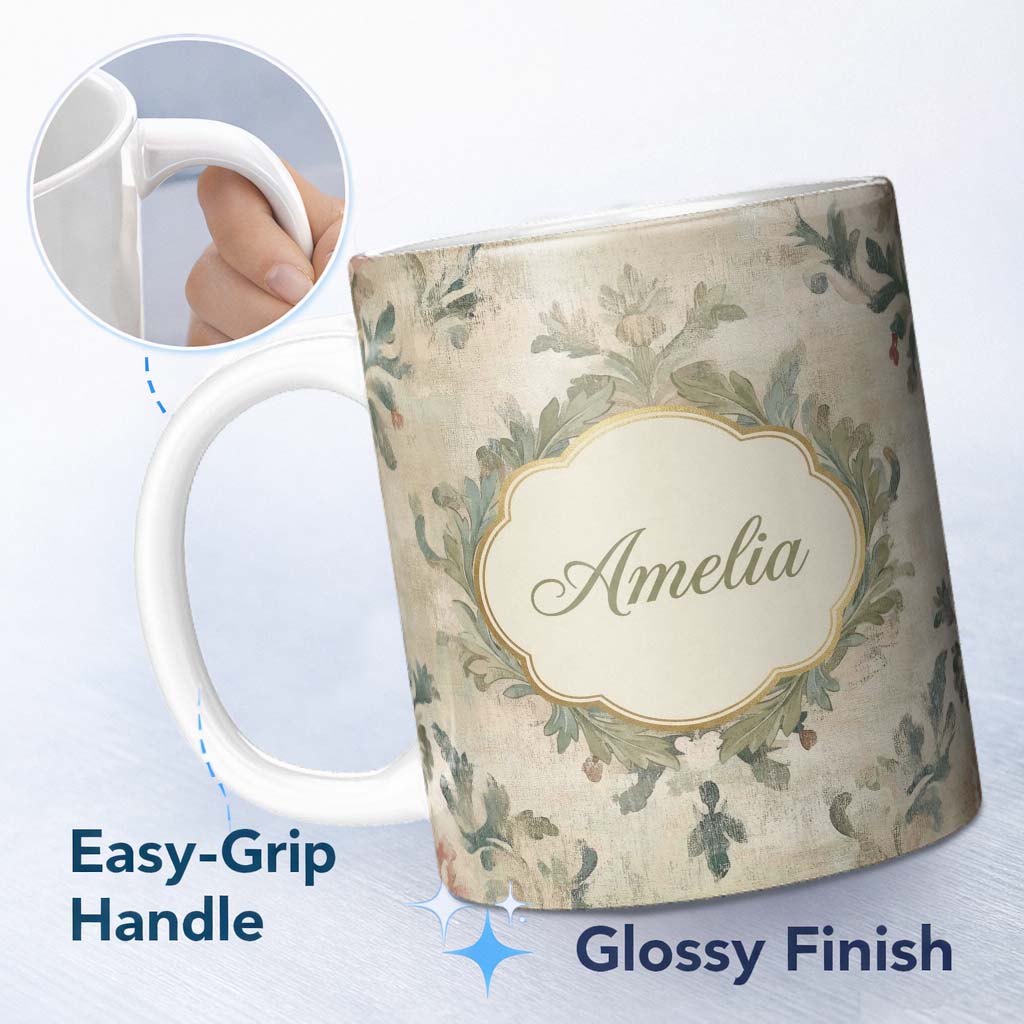 Personalized Custom Name Distressed Vintage Floral Damask Soft Muted Background Seamless 11oz Ceramic Coffee Tea Mug White Large Handle