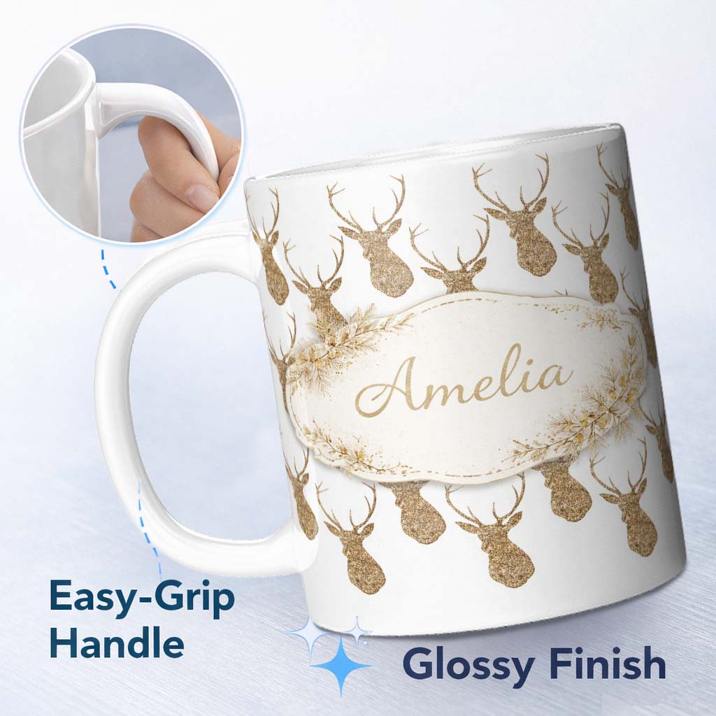 Personalized Custom Name Gold Glitter Deer Seamless Pattern Thoughtful Gift Idea Lovely 11oz Ceramic Coffee Tea Mug White Large Handle