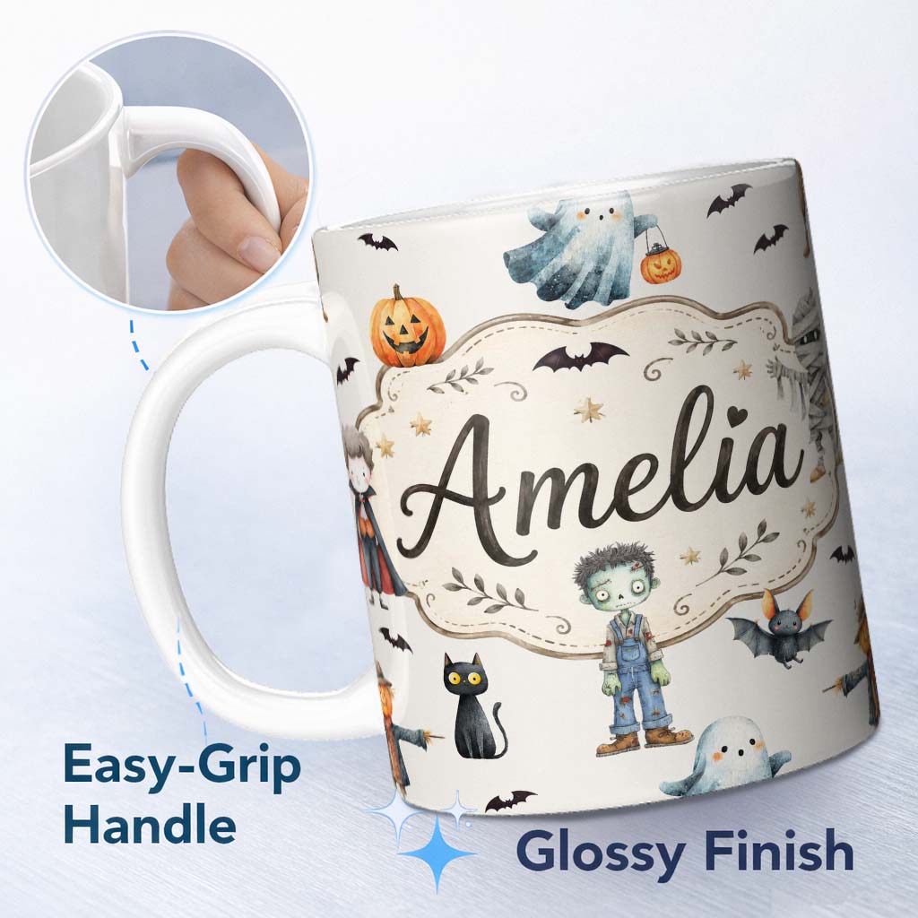 Personalized Custom Name Halloween Zombie Mummy Vampire Bat Spooky Light Grey Seamless 11oz Ceramic Coffee Tea Mug White Large Handle