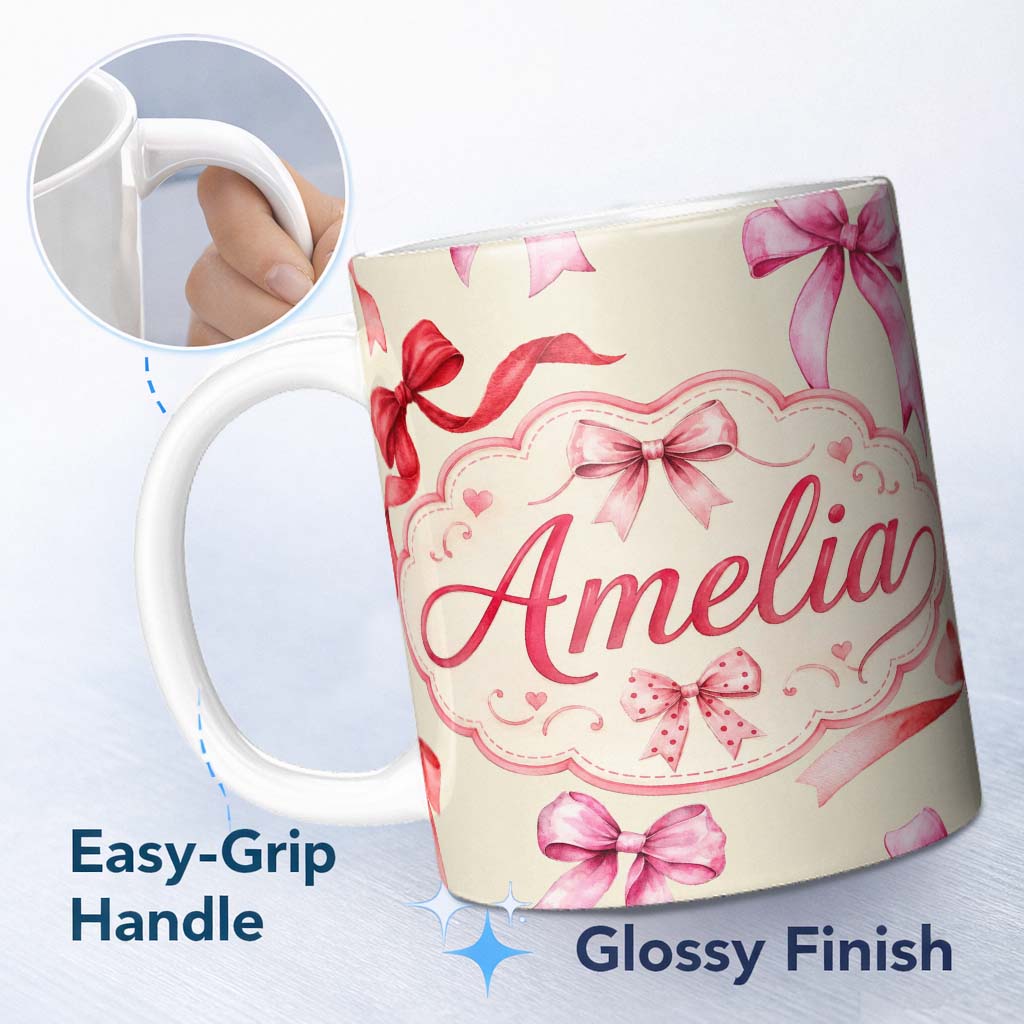 Personalized Custom Name Watercolor Red and Pink Ribbon Bows Light Olive Background Cute 11oz Ceramic Coffee Tea Mug White Large Handle