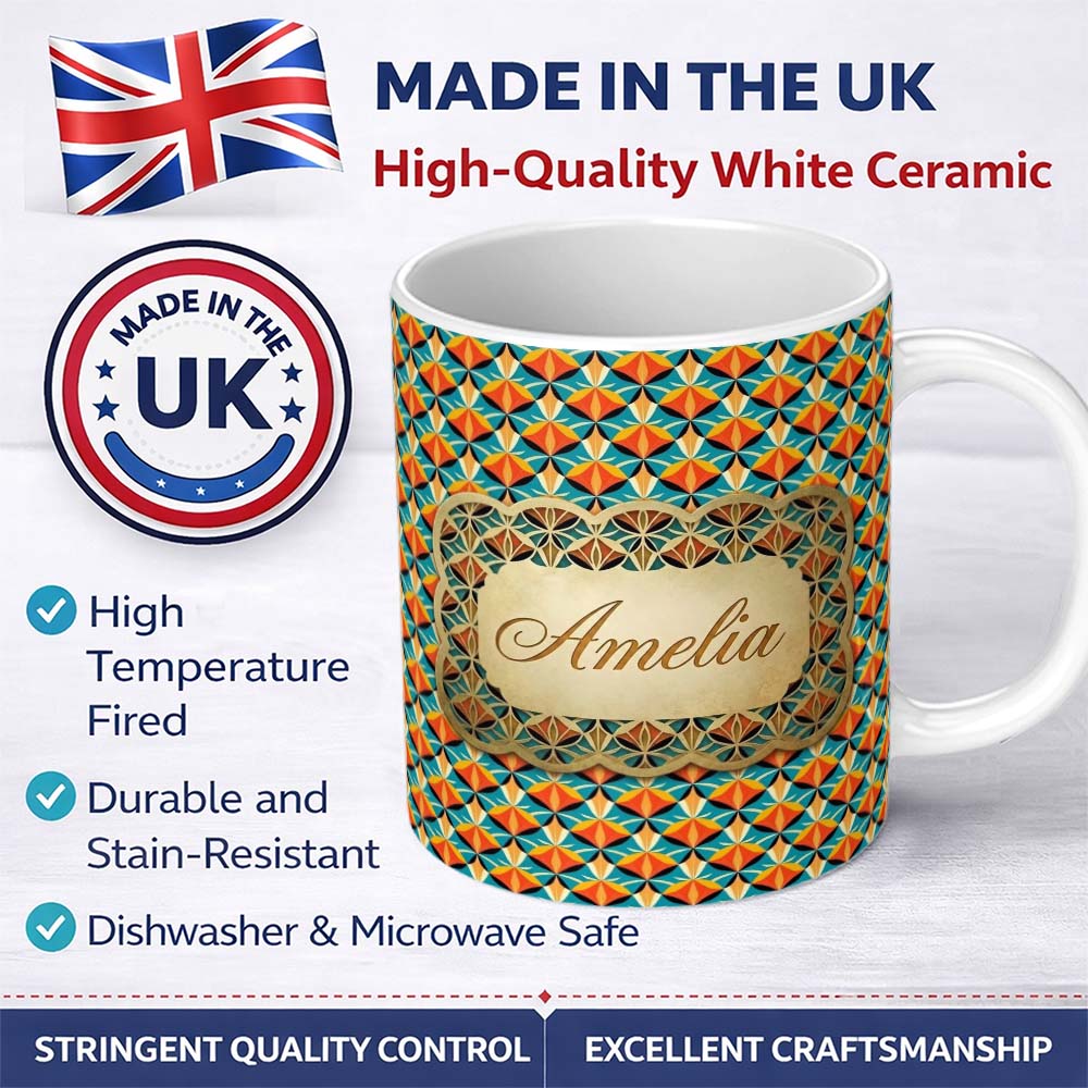 Personalized Custom Name Geometric Fan Pattern Teal Orange Symmetrical Seamless Design Lovely 11oz Ceramic Coffee Tea Mug White Large Handle
