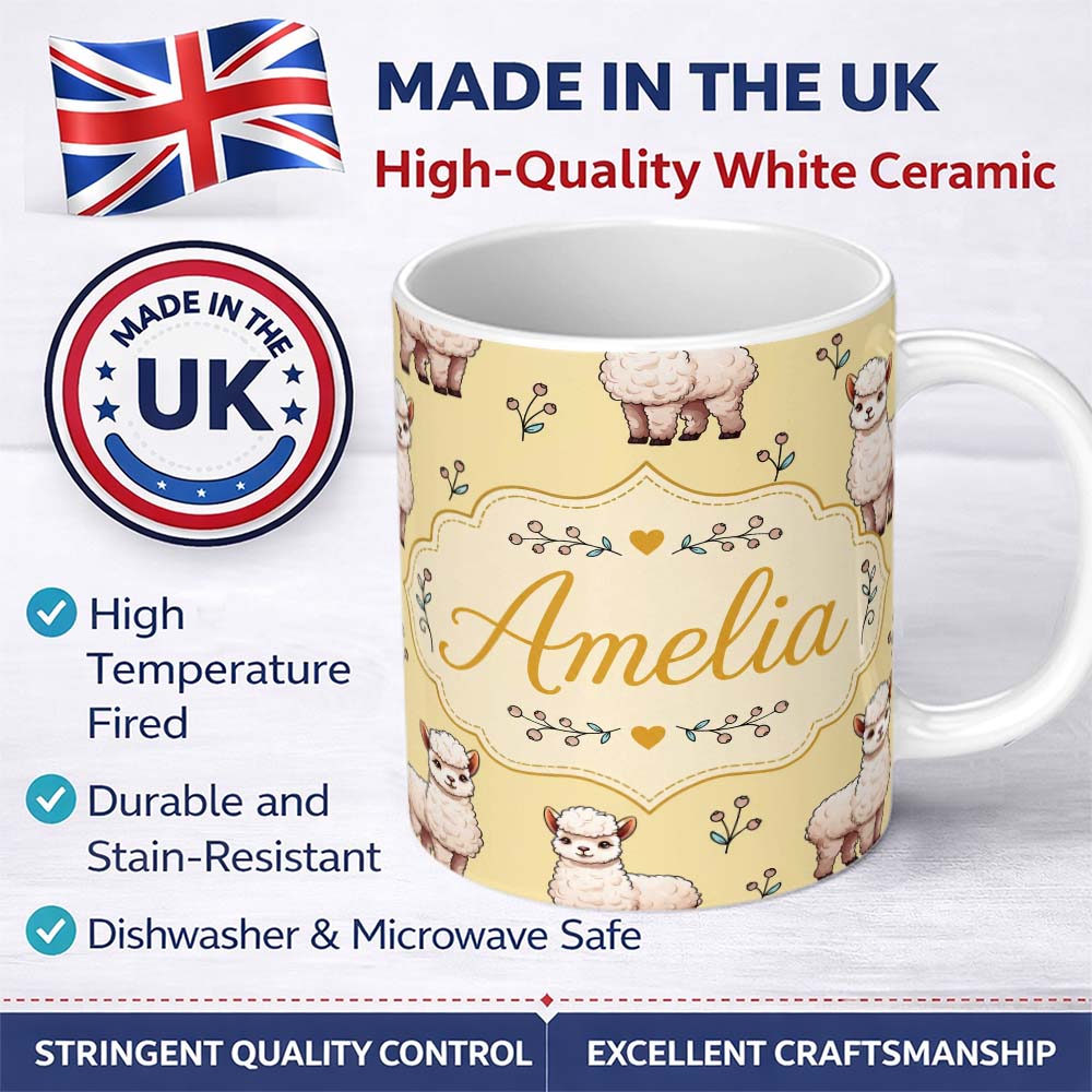 Personalized Custom Name Cute Alpaca Llama Pattern with Floral Sprigs on Yellow Background 11oz Ceramic Coffee Tea Mug White Large Handle
