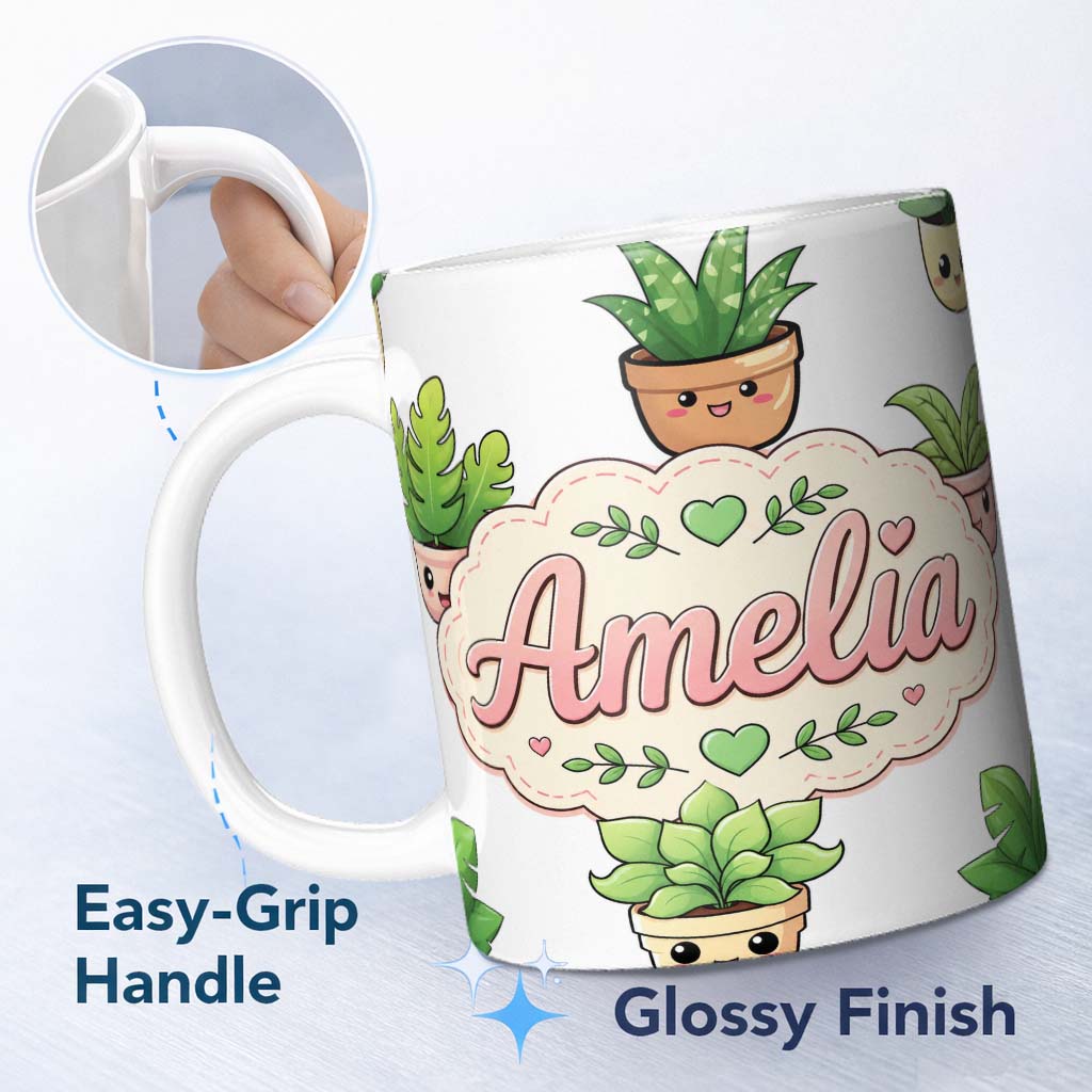 Personalized Custom Name Cute Kawaii Smiling Plant Pots Leaves Seamless Pattern Grey Lovely 11oz Ceramic Coffee Tea Mug White Large Handle