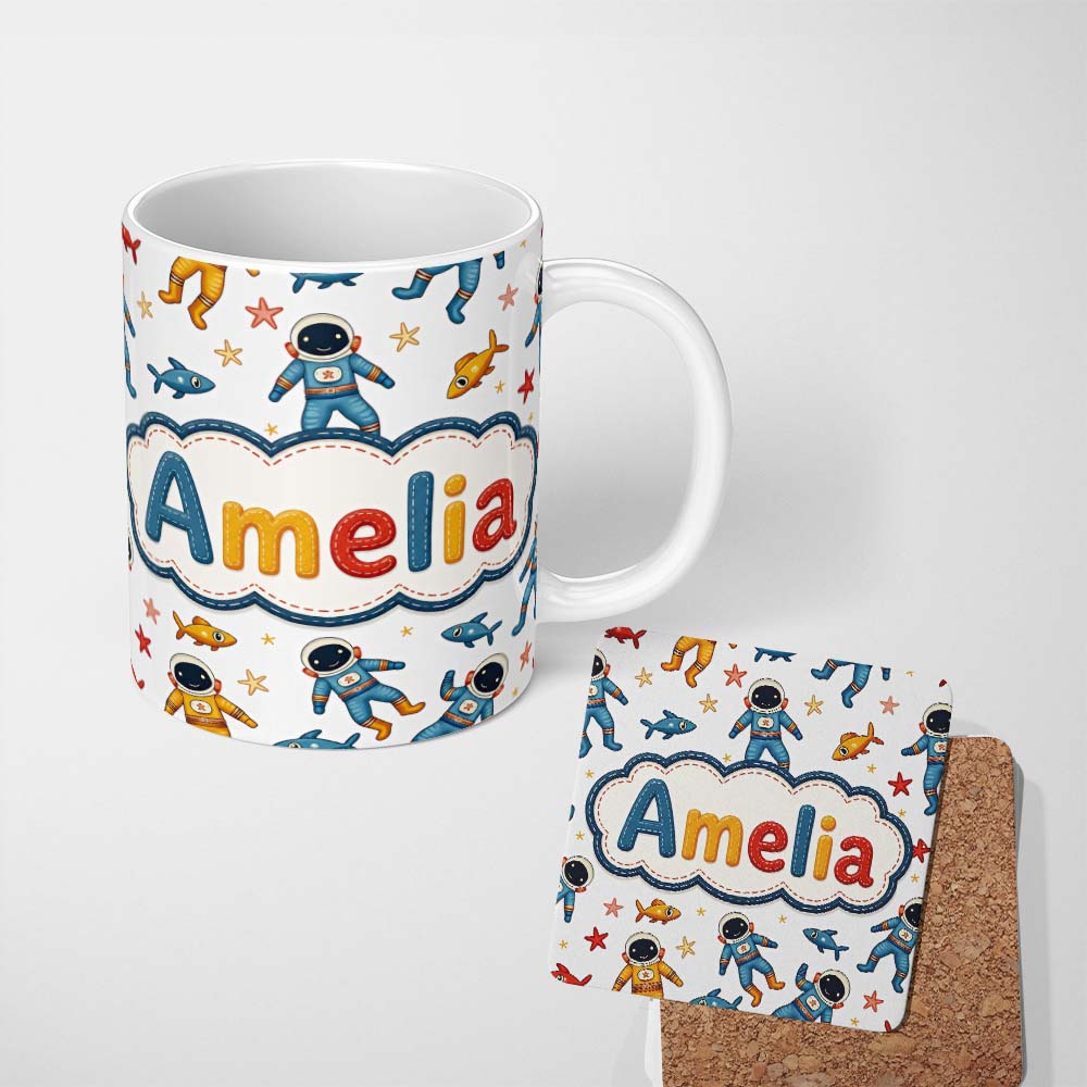 Personalized Custom Name Cute Cartoon Astronaut Space Kids Seamless Pattern Cute Unique Gift 11oz Ceramic Coffee Tea Mug White Large Handle