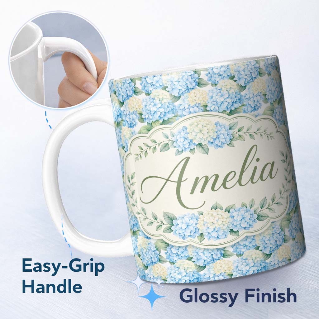 Personalized Custom Name Soft Blue Hydrangea Floral Seamless Pattern Thoughtful Gift Idea 11oz Ceramic Coffee Tea Mug White Large Handle
