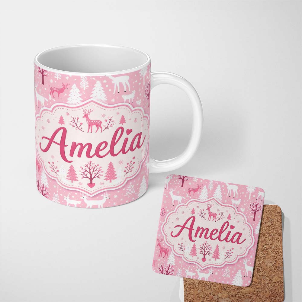 Personalized Custom Name Cute Pink Christmas Deer Forest Seamless Pattern Cute Unique Gift 11oz Ceramic Coffee Tea Mug White Large Handle