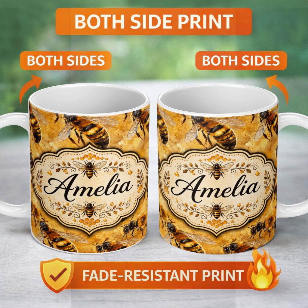 Personalized Custom Name Detailed Honey Bees on Golden Background Nature Inspired Seamless 11oz Ceramic Coffee Tea Mug White Large Handle