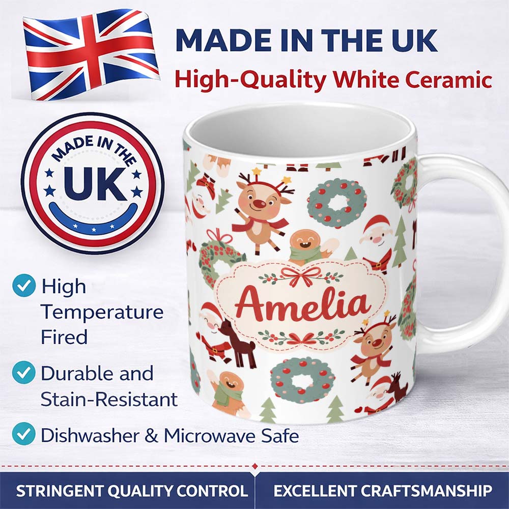 Personalized Custom Name Cute Santa Reindeer Gingerbread Wreath Seamless Pattern Lovely 11oz Ceramic Coffee Tea Mug White Large Handle
