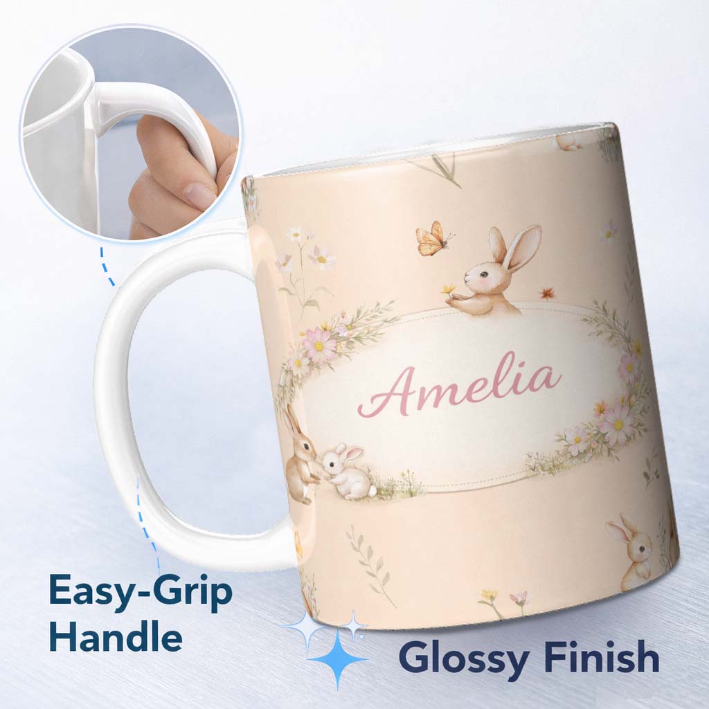 Personalized Custom Name Watercolor Bunny Floral Meadow Warm Beige Seamless Pattern Lovely 11oz Ceramic Coffee Tea Mug White Large Handle