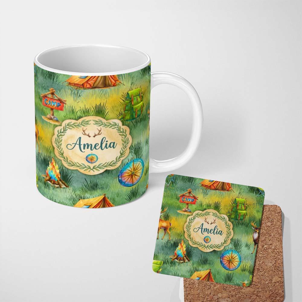 Personalized Custom Name Camping Adventure Gear Watercolor Seamless Pattern Cute Unique Gift 11oz Ceramic Coffee Tea Mug White Large Handle