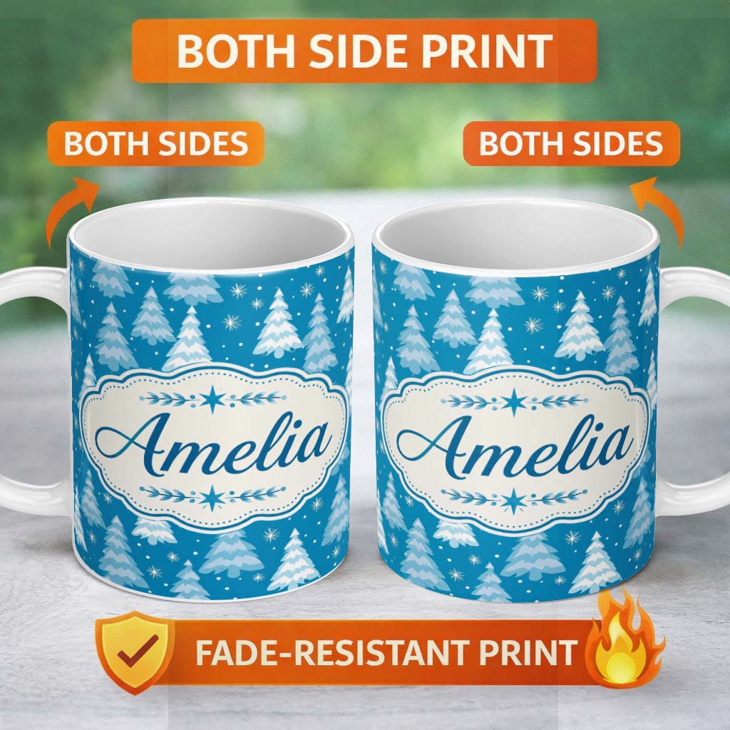 Personalized Custom Name Snowy Blue Winter Christmas Trees Snowflakes Seamless Pattern Lovely 11oz Ceramic Coffee Tea Mug White Large Handle